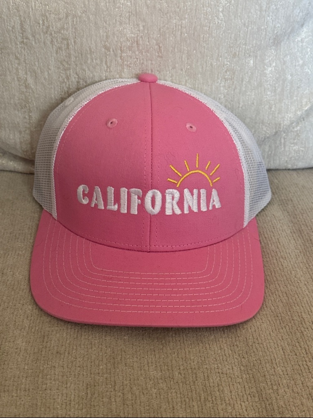 Pink 'California' Trucker Hat with Yellow Sun Embroidery